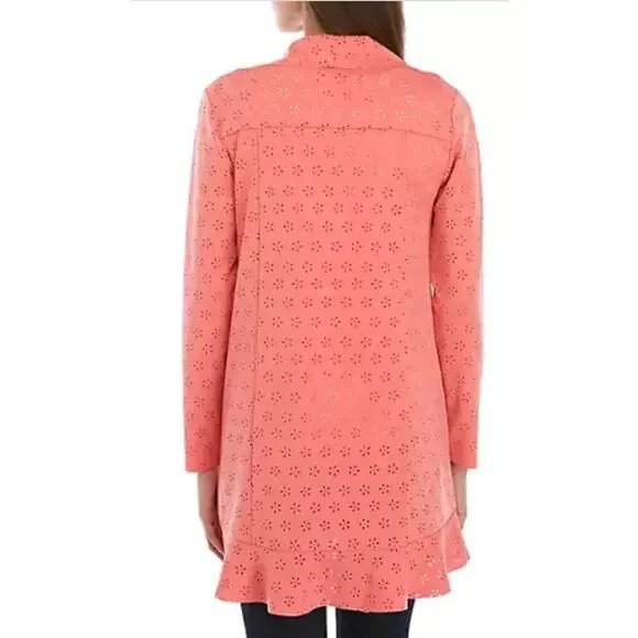 New Cupio Peach Solid Ruffle Scuba Floral Eyelet Open Front Blazer Jacket Large - Picture 2 of 15